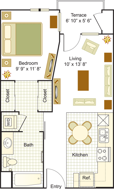 Floor plan for 1 bed, 1 bath, 578 sqft